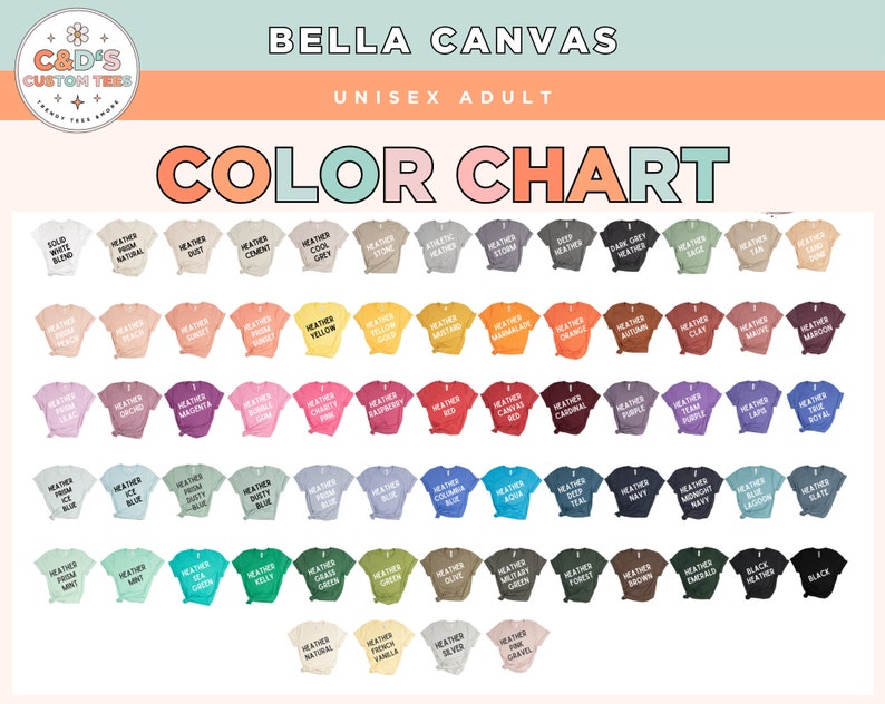 the color chart for bella canvas's unisex adult shirts