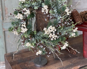 Winter Briar Berry Fir Holiday Candle Ring or Mini Wreath Faux Floral Greenery 13 inch outer 6 inch inner for Arrangements Floral Only
