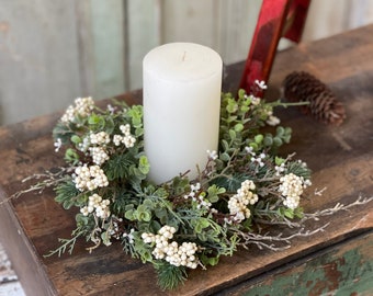 Winter Briar Berry Fir Cream Candle Ring or Mini Wreath Faux Floral Greenery 10 inch outer 3.25 inner for arrangements Christmas Floral Only