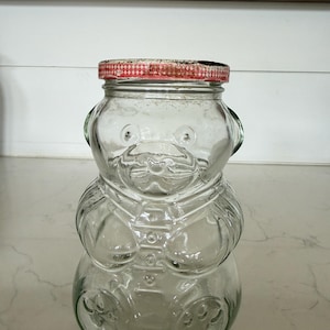 Vintage Kraft General Foods Bear Shaped Jar /Jelly Jar/ Peanut Butter Jar Great Home Decor or Staging-Red cap