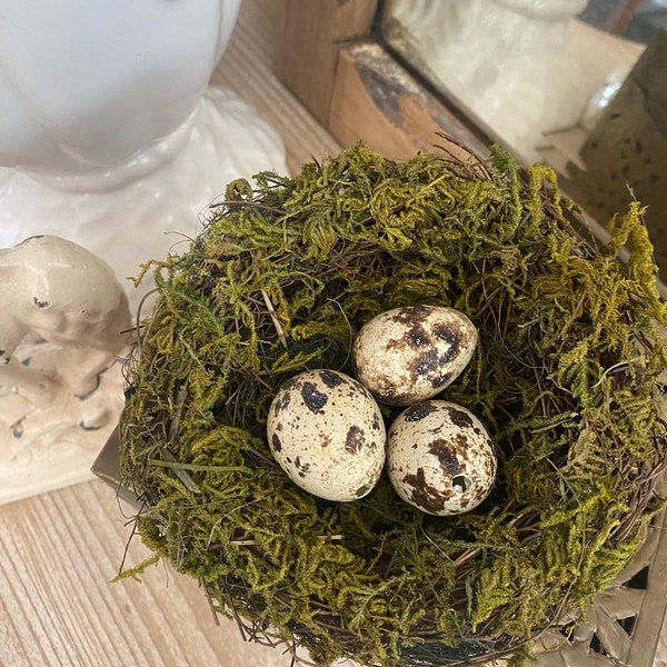 Moss Covered Bird Nest with 3 Eggs Great for Crafts Staging or Floral Arrangements -Artificial