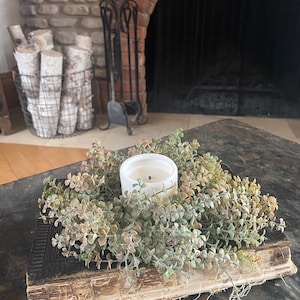 Autumn Green Country Farmhouse Candle Ring 9 inch outer 3 inch inner Faux Greenery Floral for Arrangements or Staging