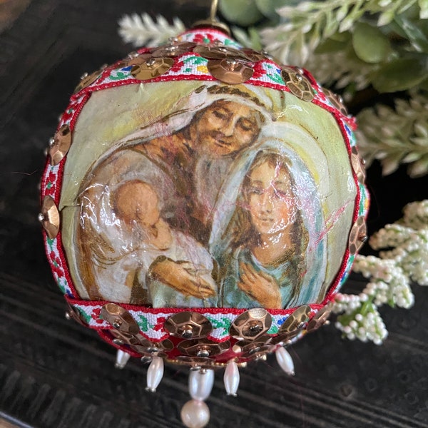Vintage Push Pin Mary Joseph and Jesus Christmas Ornament Bulb Religious