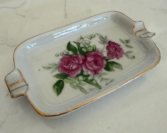 Vintage porcelain rectangular floral trinket tray or ashtray Made in Japan Great Home decor for staging