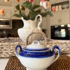 Vintage Flow Blue Sugar Bowl and Lid Covered Dish White and Blue Gold trim Great Home Decor or Staging