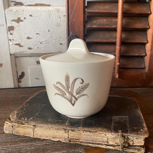 May include: White ceramic sugar bowl with a lid and a brown wheat design. The bowl is sitting on top of an old, brown book.