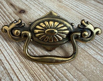 Vintage brass Drawer Pull drop bail ornate backplate Wide Replacement Part Dresser Drawer Pull #1