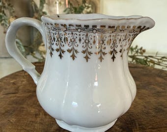 Vintage White with gold gilding Creamer Farmhouse Decor Great for Staging, syrup pitcher, coffee bar