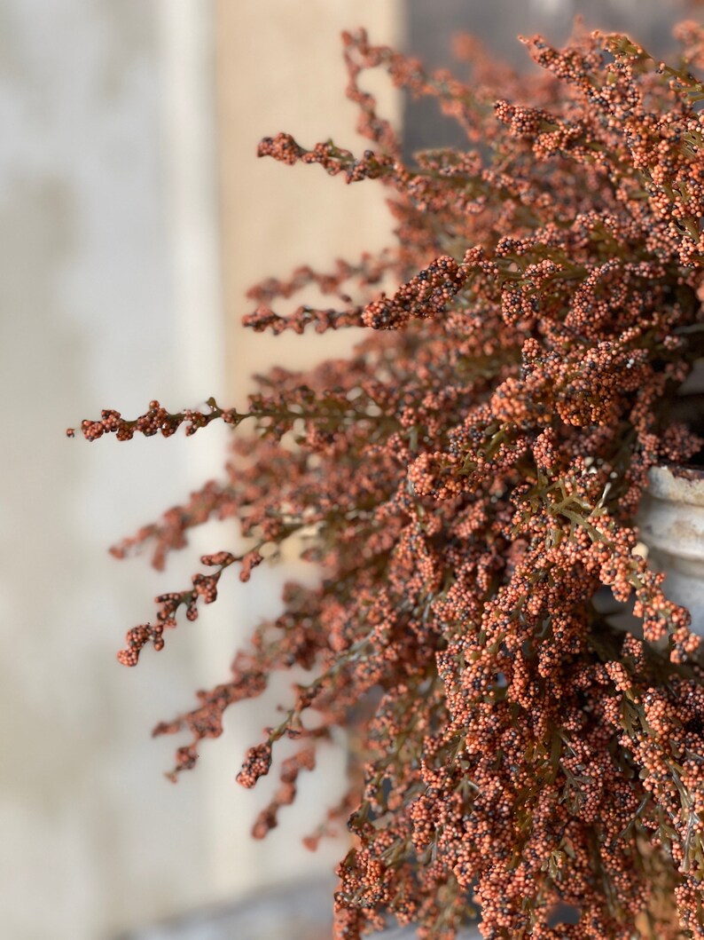 May include: Close-up of a decorative floral arrangement with brown and orange berries. The arrangement features delicate branches with small, round berries, creating a textured and natural aesthetic. The color palette is warm and earthy, suitable for home decor.