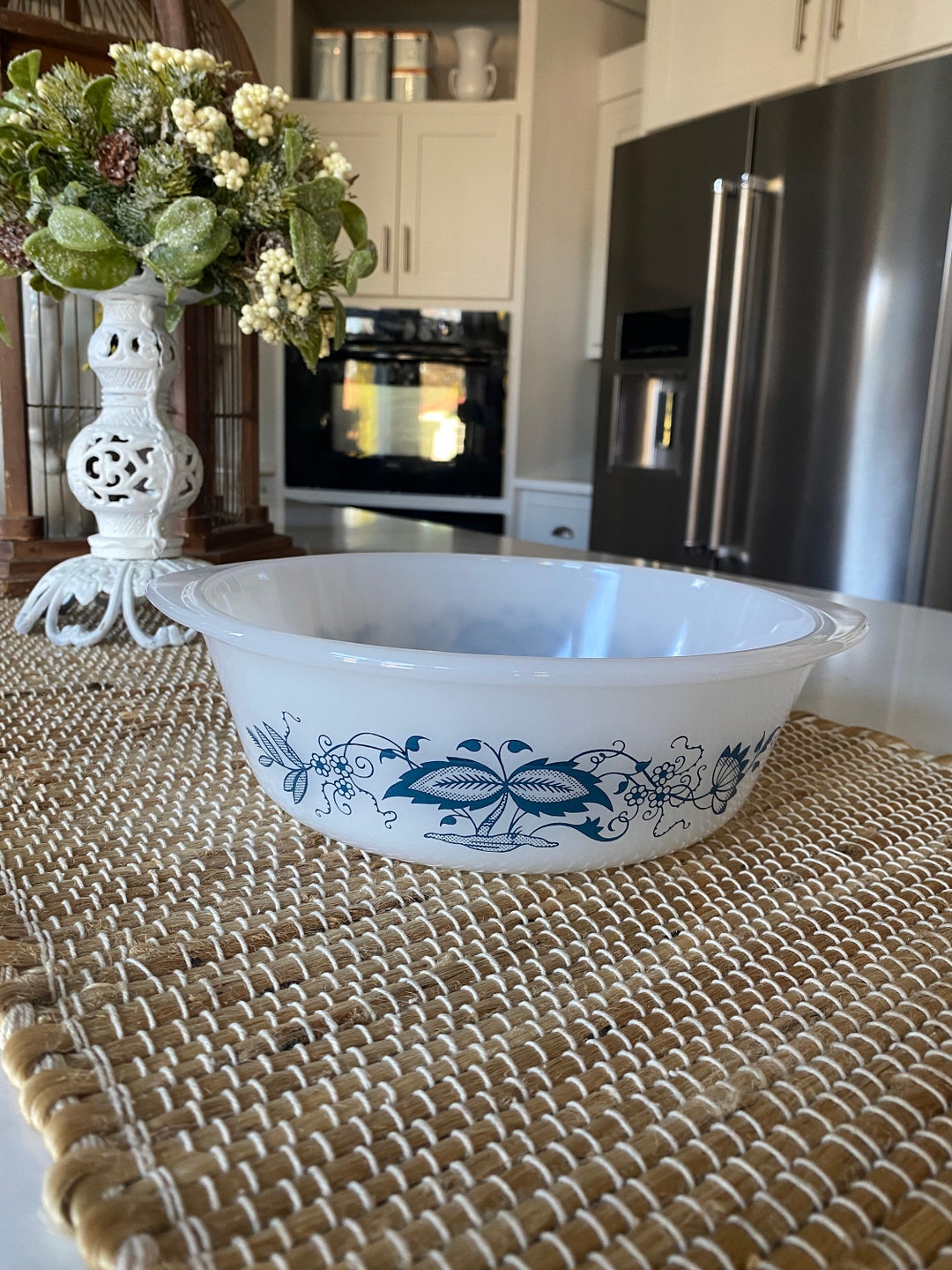 Vintage Glassbake 2 Quart Casserole Dish Old Town Blue Onion Bowl Milk