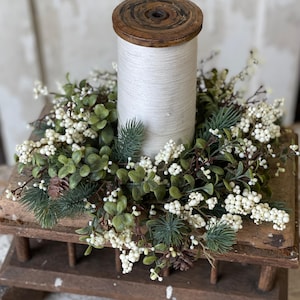 Cream Winter Christmas Laden Berry Candle Ring or Mini Wreath Faux Floral Greenery 9 inch outer 4 inch inner Floral Only Farmhouse Style