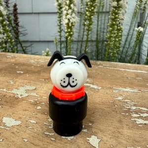 Vintage Fisher Price Little People Lucky Dog Figure Black and White Body Red Collar