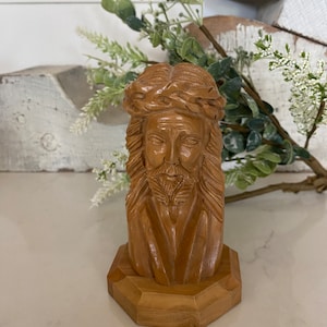 Vintage Hand Carved Jesus Head Olive Wood  Figurine Religious Home Decor Statue Catholic