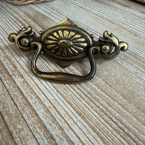 May include: Antique brass drawer pull with an oval center featuring a floral design. The pull has a curved handle and decorative flourishes on each end. The hardware is set against a light wood grain surface.