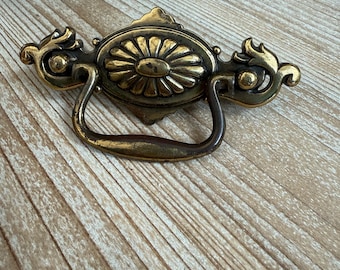 Vintage brass Drawer Pull drop bail ornate backplate Wide Replacement Part Dresser Drawer Pull #2