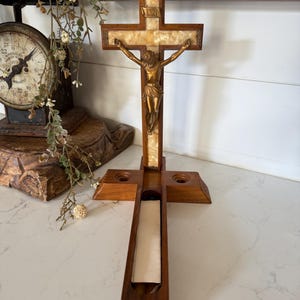 Vintage Wooden Last Rites Crucifix Sick Cross Religious Wall Hanging Jesus Christ on a Cross with Candles and Holy Water Vile