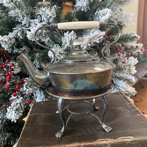 Vintage Walker and Hall Sheffield TeaPot Made in England warranted Hard Silver soldered  Kettle with Warmer Stand with Patina