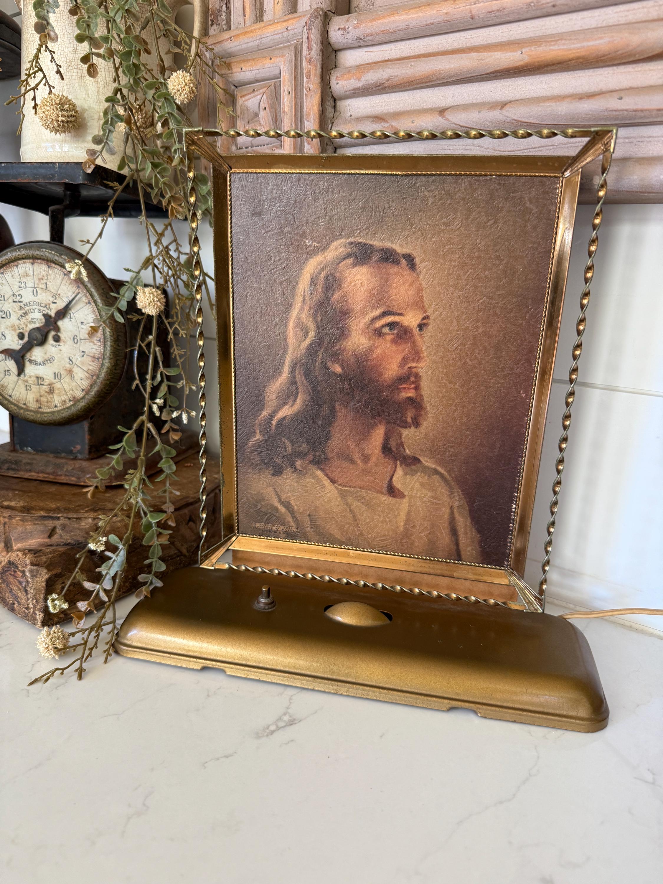 JESUS CHRIST レリーフ 壁掛けプレート 真鍮製 Vintage Head of Christ Jesus Picture Night Light in Brass Framed