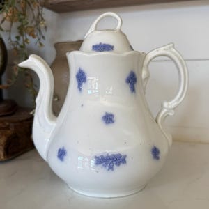 May include: A white ceramic teapot with a curved handle and spout, featuring a lid with a small handle. The teapot is decorated with small, raised blue floral sprig patterns scattered across the body and the lid, with a scalloped rim design.