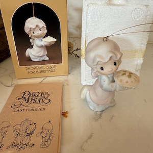 Vintage Precious Moments Dropping Over For Christmas Miniature Ornament A Porcelain Bisque Figurine Hand Painted 1982 Enesco E-2376