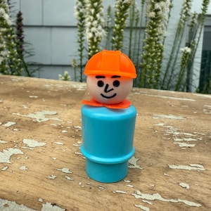Vintage Fisher Price Little People Construction Worker Figure Orange Hard Hat and Blue Body