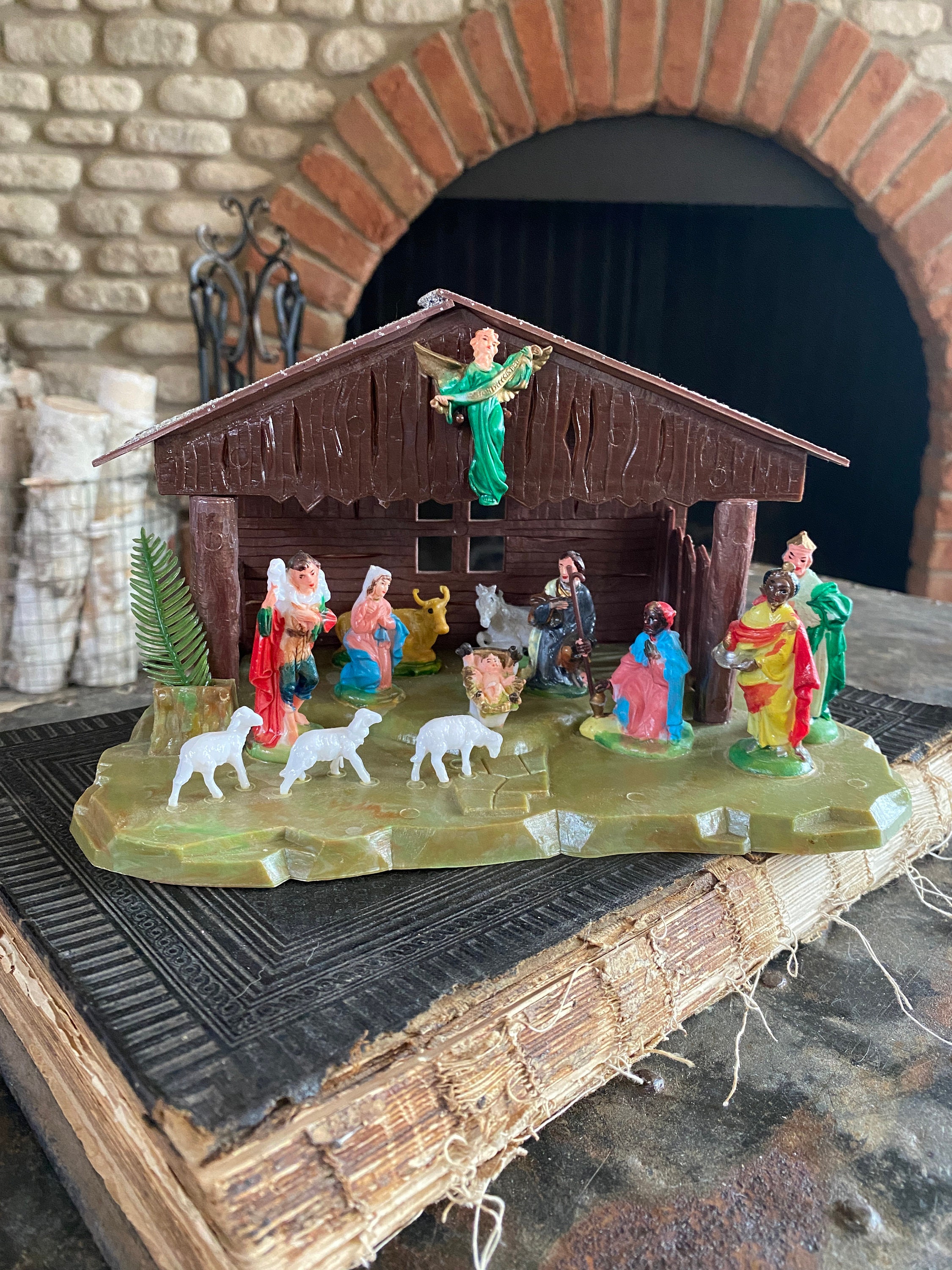 Vintage Celluloid Plastic Nativity Creche Scene Mid Century Modern