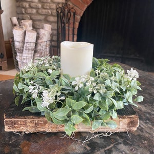 Farmhouse French Country Fairway Blooms Candle Ring or Mini Wreath Faux Floral Greenery 11 inch outer 3.75 inch inner Floral Only White