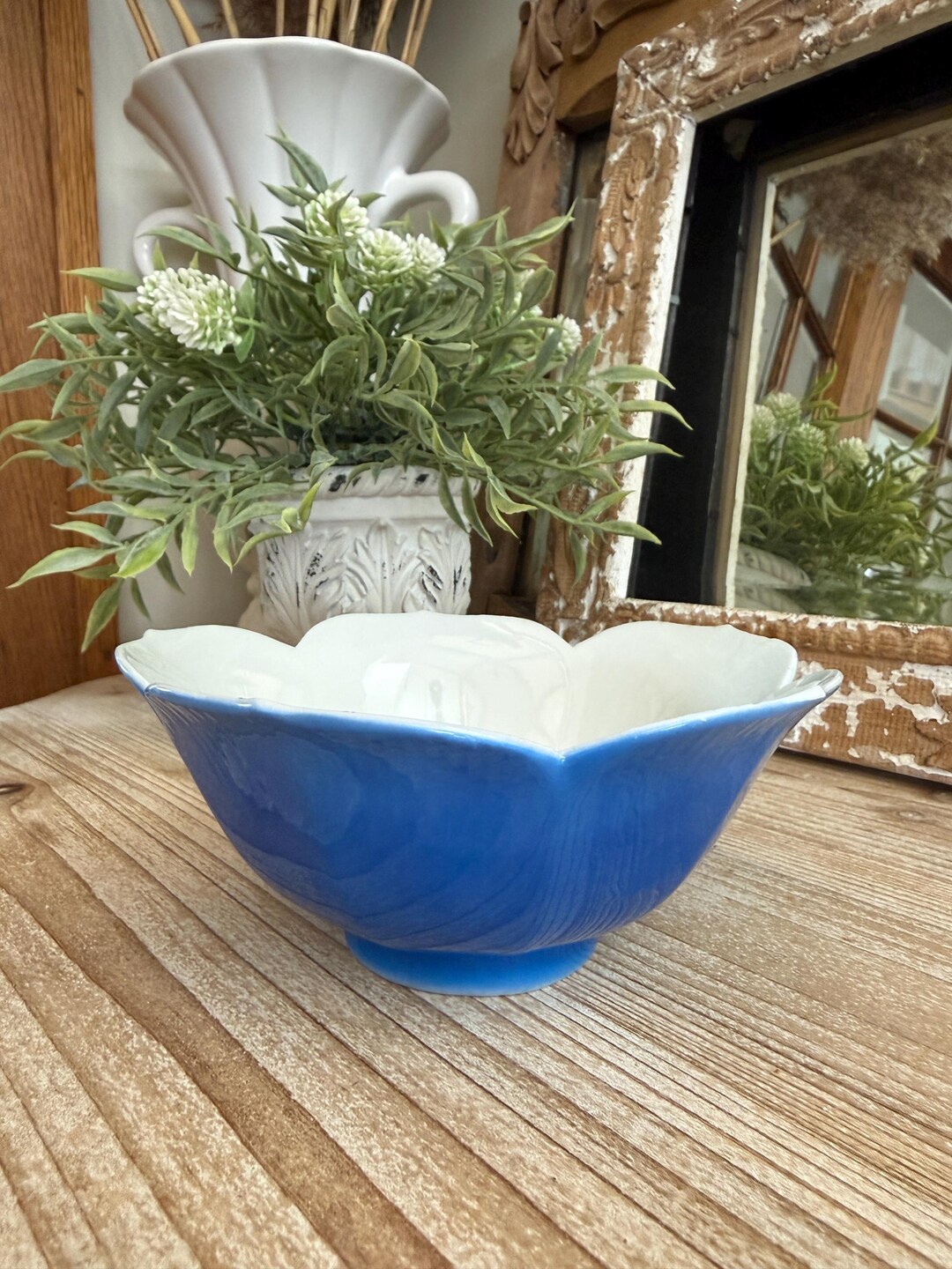 Blue Ribbed Flower Dish Bowl Great for Trinkets, Jewelry Storage or ...