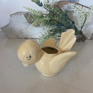 May include: A cream-colored ceramic bird-shaped planter with a small opening on its back. The bird has a downward-facing beak and a small, dark spot on its face. The planter is a decorative item, possibly for small plants or flowers.