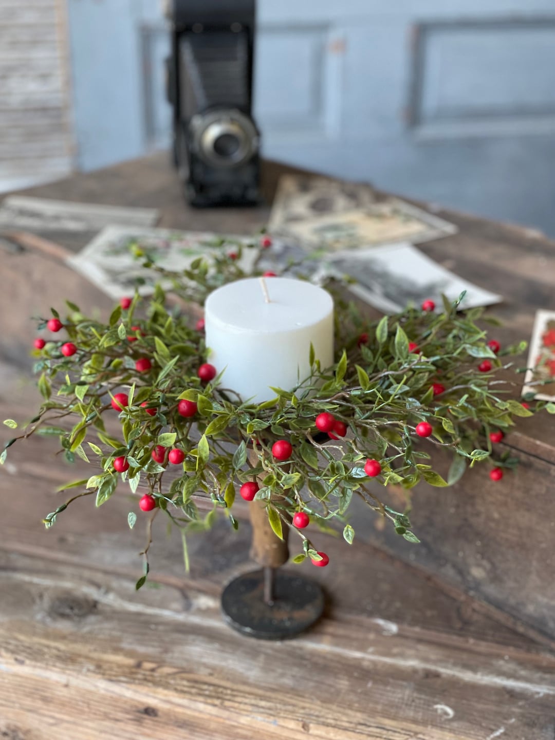 Blaze Berry Candle Ring or Mini Wreath Faux Floral Greenery 11 Inch ...
