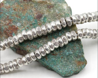 HSTR25 ~ Hill Tribe Silver Bead Strand, Flower Stamped Beads, 4mm x 2mm, 3 Inch Strand, Approximately 40 beads ~ Price per Strand