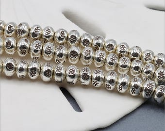 HSTR12 ~ Hill Tribe Silver Bead Strand, Flower Stamped Beads, 3.4mm x 2.4mm, 3 inch strand, Approximately 30 Beads ~ Price per Strand