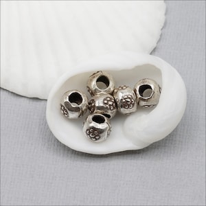 HB092 ~ Hill Tribe Silver Stamped Flower Beads, Spacer Beads, 6.5mm x 5mm, Package of 6