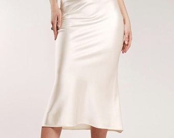 Ivory Satin Midi Skirt, Bias Skirt, A-line Skirt, White Slip Skirt, Silk Midi Skirt