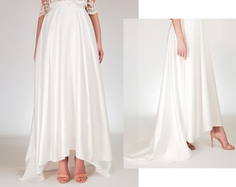 Eleganter Brautröcke, Weißer Satinrock mit Zug Braut Hochzeit Kleider, Rock - A-linie, Rock mit Falten, Hoher niedriger Rock Asymmetrische