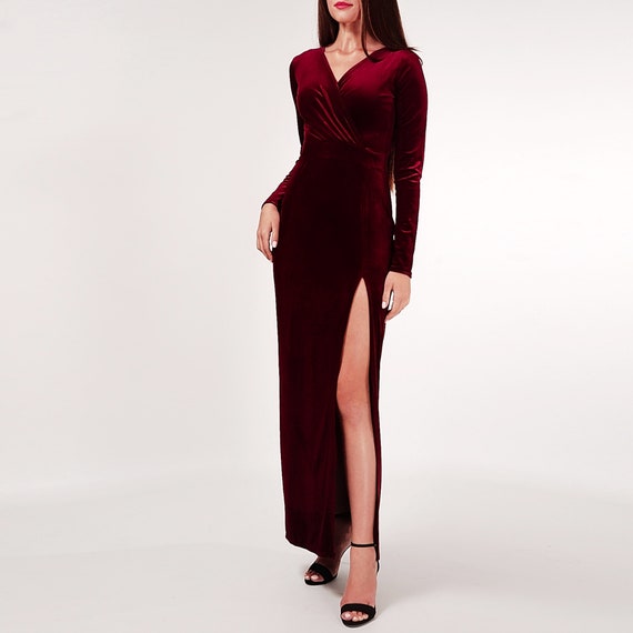 burgundy velvet dress long sleeve