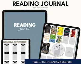 May include: A digital reading journal planner with a blue background and the text "READING journal" in white. The planner includes a monthly favorites section, a section to track books read, and a section to journal about reading habits. The planner is available in three colors.