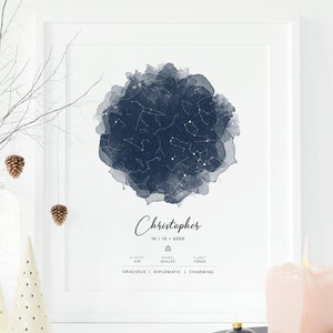 Cadeau d'anniversaire personnalisé le jour de votre naissance, carte des étoiles personnalisée par date et lieu TÉLÉCHARGEMENT NUMÉRIQUE Impression tableau de la constellation du ciel nocturne