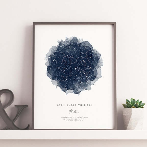 Unique Birthday Gift for Him Her. Watercolor Custom Star Map Personalized Night Sky Constellation DIGITAL DOWNLOAD Wall Art Print