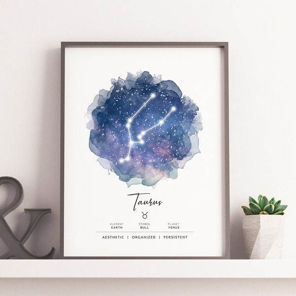 Taurus Birthday Gift Zodiac Sign Printable Wall Art Constellation Print Digital Astrology Poster Celestial Watercolor Best Friend Present