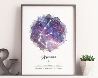 Aquarius Birthday Gift for Him Zodiac Sign Wall Art Astrology Decor Digital Download Best Friend Printable Poster Celestial Watercolor Print