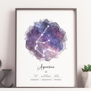 Aquarius Zodiac Sign Astrology Celestial Wall Art Digital Download Printable Poster Print
