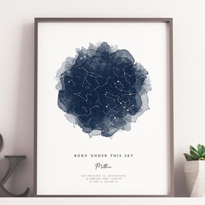 Cadeau d'anniversaire unique pour lui et elle. Carte des étoiles personnalisée aquarelle constellation du ciel nocturne personnalisée TÉLÉCHARGEMENT NUMÉRIQUE Impression d'art mural