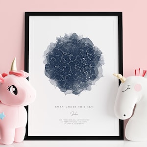 Personalized Newborn Baby Girl Nursery Gift. Day You Were Born Watercolor Custom Star Map by Date Night Sky Constellation Chart Print