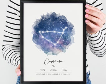 Capricorn Zodiac Sign Birthday Gift Astrology Wall Art Printable Digital Download Print Poster