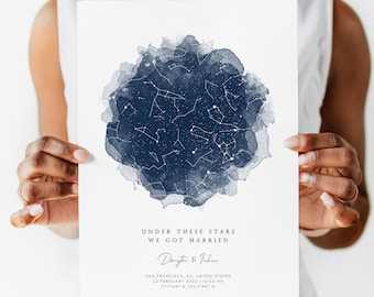 Custom Night Sky Star Map Constellation Chart by Date, Personalized Wedding Gift for Couple
