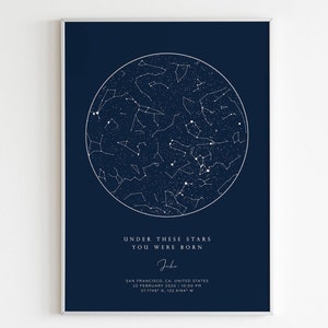 La nuit où vous êtes né sous ces étoiles Nouveau-né Nouveau-né Maman Mère Papa Père Parents Cadeau d'anniversaire, carte des étoiles personnalisée par date d'impression.