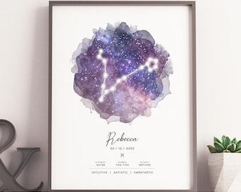 Personalized Pisces Zodiac Sign Birthday Gift for Her Him Celestial Astrology Wall Art Print