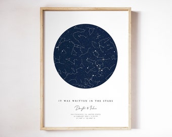 Carte des étoiles personnalisée en téléchargement numérique - cadeau de fiançailles mémorable, impression personnalisée de constellation d'étoiles pour les couples