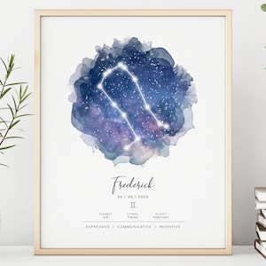 Personalized Gemini Zodiac Sign Birthday Gift for Him Her DIGITAL DOWNLOAD Print Constellation Room Decor Astrology Wall Art Poster